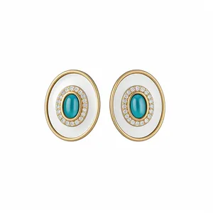Vintage oval stud earrings with turquoise center, mother-of-pearl and gold finish