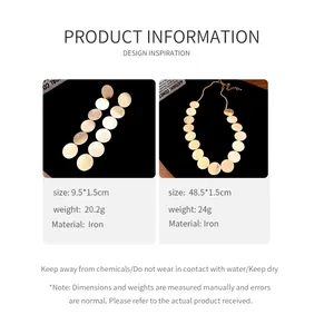 Minimalist gold round disc pendant necklace and earring set with brushed metal finish.