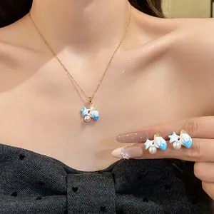 Vintage Palace Style Copper Starfish Jewelry With Blue White Enamel Artificial Pearl Zirconia Necklace And Stud Earrings For Women