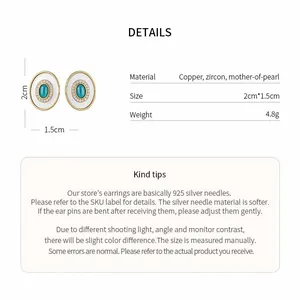 Detailed view of vintage-style oval earrings with measurements and material info.