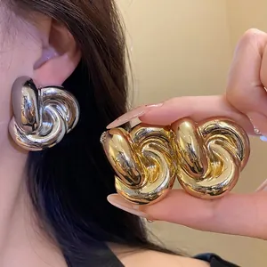 Pendientes de Botón de Flor Retorcida Vintage Para Mujer Pendientes de Nudo Geométricos Retro Aleación Poste de Plata