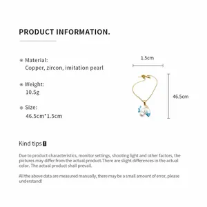 Detail view of zircon and pearl starfish necklace with material and size specifications