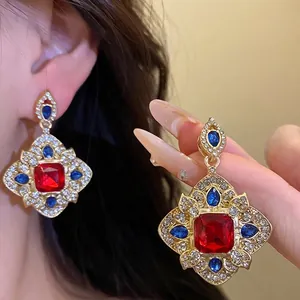 Vintage Court Style Rhombus Drop Earrings With 925 Sterling Silver Post Alloy Rhinestone Red Blue Inlaid Jewelry For Women