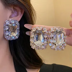 Luxurious Square Copper Rhinestone Stud Earrings For Women European Geometric Design With Silver Earring Post Jewelry