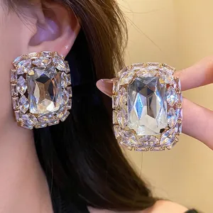 Elegant square silver needle stud earrings with brilliant cubic zirconia clusters