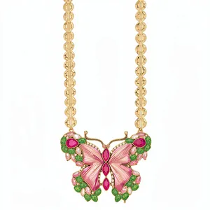 Elegant vintage butterfly pendant necklace with pink resin and green stones on gold chain