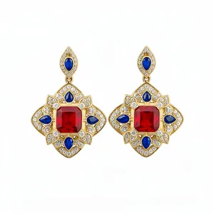 Vintage palace style gold plated rhombus drop earrings with red and blue gemstones