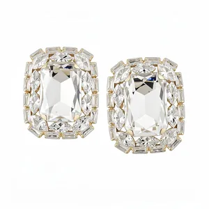 Elegant gold-plated emerald-cut crystal stud earrings with a shimmering halo of marquise stones