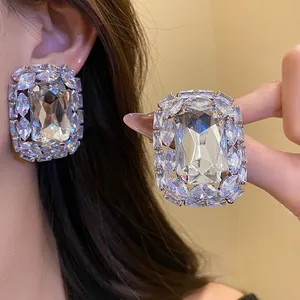 Elegant silver needle large square crystal stud earrings for women with brilliant sparkle