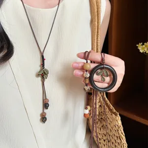 New Chinese Style Wood Bead Necklace Vintage Alloy Leaf Pendant Long Sweater Chain For Women Handmade Retro Jewelry Gift