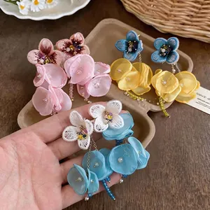 Vacation Style Chiffon Flower Tassel Earrings For Women Elegant Handmade Floral Drop Earrings With Silver Earring Post And Artificial Pearl Beads