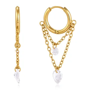 18K gold plated stainless steel hoop earrings with dangling white zircon tassels