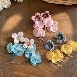 Handmade chiffon flower tassel earrings with embroidery for vacation style
