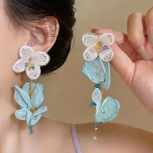 Elegant blue chiffon flower tassel earrings with white lace detail for vacation style
