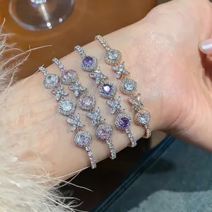 French Style Zirconia Rhombus Flower Bracelet For Women Luxury Copper Gold Silver Plated Elegant Fashion Hand Jewelry Gift
