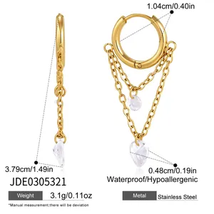 Detail of 18K gold plated stainless steel earrings with zirconia tassels and dimensions