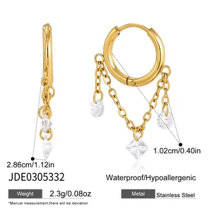 Detailed specifications for gold-plated stainless steel earrings with zircon tassels and weight info
