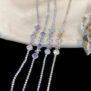 Elegant French style zircon bracelets with flower and rhombus patterns in multiple colors.