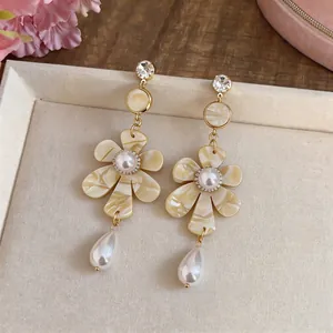 Vintage French style pearl flower drop earrings with gold finish and rhinestones