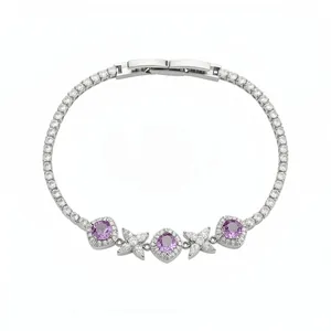 Elegant French style zircon flower bracelet with purple stones and silver finish