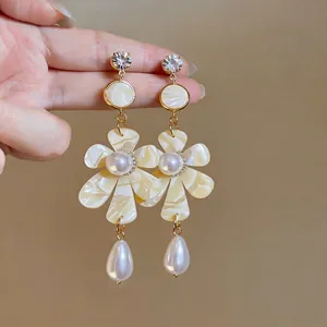 French vintage gold floral drop earrings with pearls and crystal accents