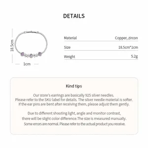 Detailed product specifications of the zircon flower bracelet with material and dimensions.