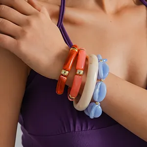 Acrylic Marbled Elastic Bracelet With Gold Metal Accents Fashion Jewelry Geometric Dopamine Colors Hand Jewelry For Women