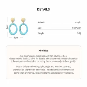 Detailed product specs of light blue acrylic drop earrings with 925 silver needles info