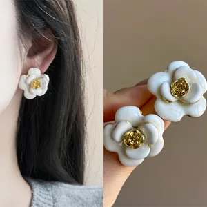 French Elegant Milk White Enamel Flower Stud Earrings Vintage Gold Camellia Floral Earrings With Silver Earring Post For Women