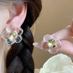 Minimalist Transparent Resin Flower Stud Earrings For Women Yellow Rhinestone Center Silver Earring Post Fashion Jewelry Accessories