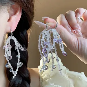 Handmade Glass Beaded Bowknot Tassel Drop Earrings For Women Elegant Colorful Crystal Fringe Jewelry Long Fashion Earring