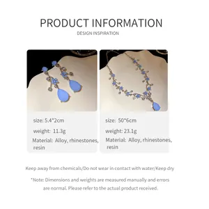 Detailed view showing specifications for light blue teardrop flower earrings and necklace set.