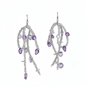 Elegant silver ear hook earrings with purple glass beads and bow tassel design