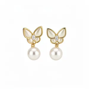 Elegant 14k gold plated butterfly stud earrings with white pearl dangles and sparkling zircons