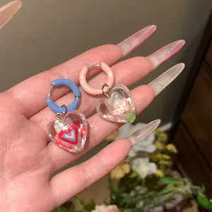 Colorful Dopamine Heart Drop Earrings Asymmetric Glass Colored Glaze Enamel Ear Buckle For Women Sweet Fashion Jewelry