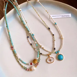 Vintage Beaded Necklace For Women Freshwater Pearl Natural Stone Starburst Pendant Choker Necklace Electroplated Jewelry Gift