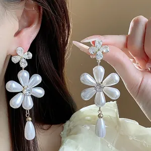Elegant Zirconia Artificial Pearl Flower Drop Earrings With 925 Sterling Silver Earring Post Luxurious Floral Water Drop Jewelry For Women