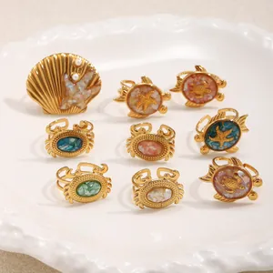 Bagues en acier inoxydable plaqué or 18 carats avec motifs de tortue crabe et coquillage