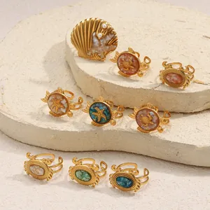 Bagues océan en acier inoxydable plaqué or 18 carats avec tortue, crabe et coquillage