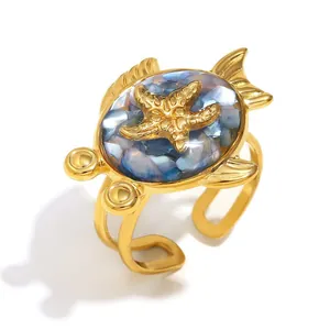 Bague océan en acier inoxydable doré 18 carats avec étoile de mer et incrustation de nacre