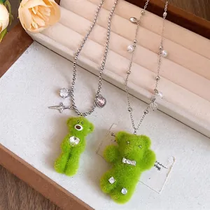 Cute plush green bear necklace with pearls, bow zircon and heart charm accessory