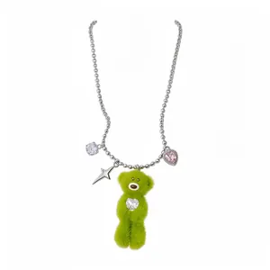 Cute green plush teddy bear necklace featuring heart zircon and star charms for women