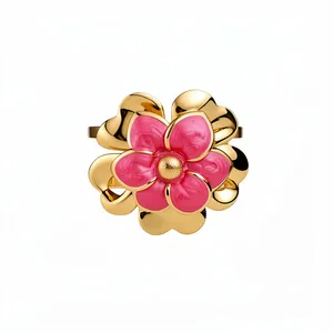 Vintage gold double-layer flower ring with pink enamel petals for a sweet retro style
