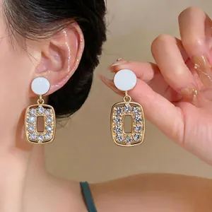 French Vintage Geometric Rhinestone Drop Earrings For Women Gold Plated Alloy Hollow Square Stud Earrings Jewelry Gift With 925 Sterling Silver Post