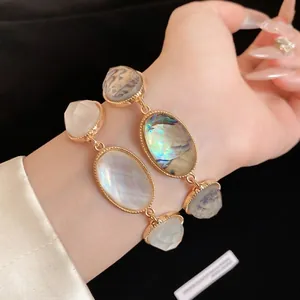 Elegant French retro style resin oval faceted bracelet with iridescent shell inlay accents