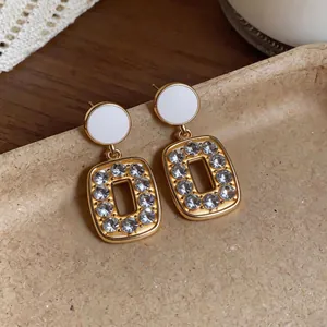 Vintage French style square drop earrings with white enamel studs and shiny crystals
