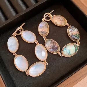 French vintage resin oval faceted bracelet set with elegant gold OT clasp for women