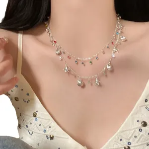 Elegant double-layer silver necklace with colorful rhinestone shell and starfish charms