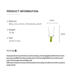 Product specs for plush bear necklace with zircon charms and alloy chain details
