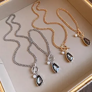 Vintage Palace Alloy Rhinestone Artificial Pearl Necklace Bracelet Set For Women Irregular Grey Crystal Pendant Jewelry Set